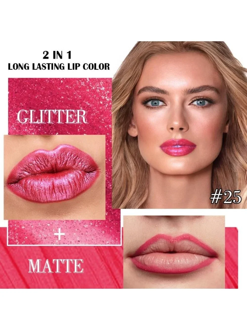 25# Rose Red-Matte to Glitter 2-in-1 Metallic Long Lasting Lipstick & Lip Liner